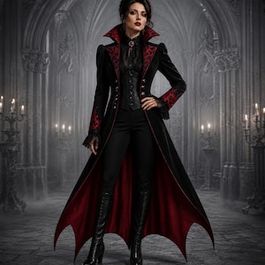 May include: A long black coat with a high collar and red floral patterns on the lapels and cuffs, worn over a black corset, a black button-up shirt, black trousers, and black knee-high boots. The coat features a pointed, flared hemline.