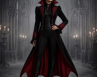 Women's Victorian Gothic Red Embroidered Tailcoat Black Cotton Steampunk Coat Vampire Wedding Jacket Masquerade Halloween Costume