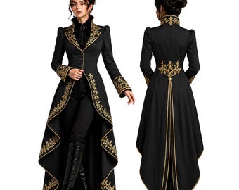 Black Gothic Victorian Tailcoat Women, Cotton Embroidered Steampunk Coat, Witch Cosplay Jacket Dark Academia Wedding Outfit, Equestrian Coat