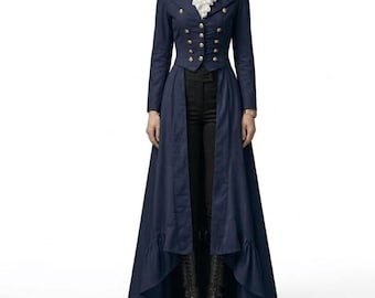 Navy blue Victorian Gothic Long Dress for Women - Steampunk British Tailcoat -Formal  Cotton Court Equestrian Cosplay Costume Festival wear