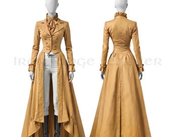 Camel Victorian Long Coat for Women | Gothic Beige Tailcoat Jacket | Steampunk British Cotton Court Outfit - Festival wear Costume Dress