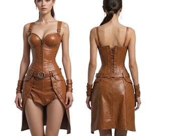 Vestido corsé Steampunk de cuero auténtico para mujer, vestido bustier marrón, atuendo gótico con cordones de guerrera / disfraz medieval para cosplay, renacentista, LARP