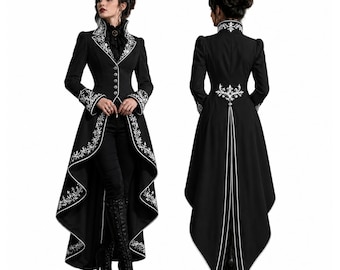 Black Gothic Victorian Tailcoat Women Steampunk Long Coat Embroidered Jacket Witch Cosplay Dark Academia Wedding Equestrian Formal Outfit