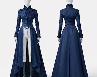 Navy Blue Victorian Gothic Long Coat Dress for Women, Steampunk Tailcoat Jacket, Vintage Gothic Premium Cotton Cosplay British Costume