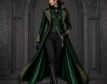 Gothic Green Victorian Tailcoat Women Steampunk Coat Demon Embroidered Long Jacket Vampire Costume | Halloween Dark Academia Cosplay Outfit