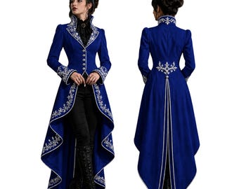 Royal Blue Gothic Victorian Tailcoat for Women – Embroidered Steampunk Jacket, Formal Long Coat, Dark Academia Wedding Cosplay Witchy Outfit