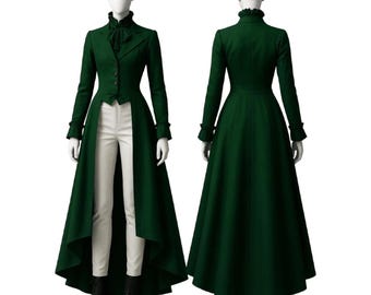 May include: A dark green, long coat with a high-low hemline and a ruffled collar. The coat features a button-down front and is displayed on a mannequin. The coat is paired with white pants and black boots. The back view of the coat is also shown.