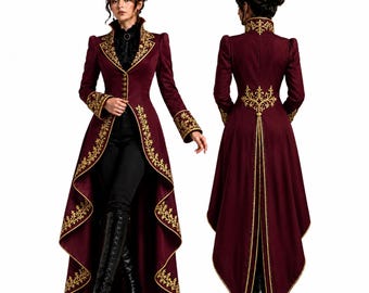 Burgundy Gothic Victorian Tailcoat Women Steampunk Long Coat Gold Embroidered Jacket Dark Academia Witch Coat Halloween Costume Formal Coat