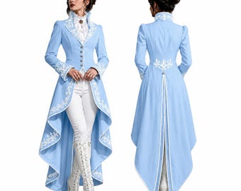 Women Sky Blue Gothic Victorian Tailcoat – Embroidered Steampunk Jacket, Formal Long Coat, Dark Academia Wedding Coat, Witchy Cosplay Outfit