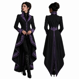 May include: A black coat with purple embroidery, featuring a high collar and long sleeves. The coat has a unique tail design and is buttoned down the front. The embroidery is detailed and ornate, adding a touch of elegance to the garment.