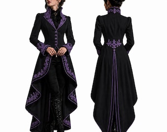 Black Gothic Victorian Tailcoat Women Steampunk Long Coat Purple Embroidered Jacket Dark Academia Fantasy Wedding Renaissance Witch Costume