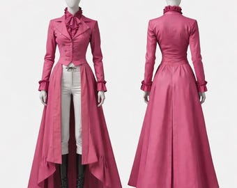 Victorian Pink Tailcoat Women, Steampunk Long Coat, Gothic High Low Coat, Vintage Style Jacket, Cosplay Coat, Renaissance Outfit, Long Dress