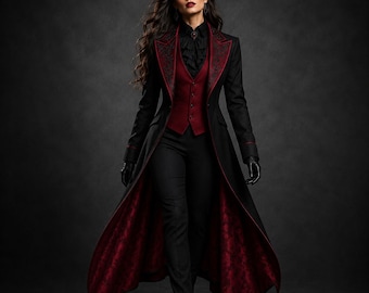 Gothic Women’s Blood Red Wedding Tailcoat | Victorian Vampire Coat | Gothic Tuxedo Jacket | Steampunk Costume | Halloween Cosplay