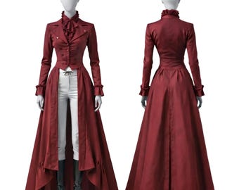 Women Victorian Long Coat Dress | Gothic Wine Red Tailcoat Jacket | Steampunk Historical Cotton Court Outfit |  Festival wear Costume Dress