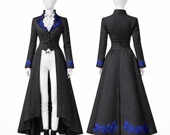 Gothic Victorian Long Tailcoat for Women – Steampunk Cosplay Embroidered Jacket Black Wedding Bridal Dress,Cotton coat Costume Festival wear