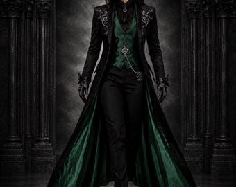 Gothic Black Victorian Tailcoat Women Steampunk Coat Emerald Green Long Jacket Vampire Costume | Halloween Dark Academia Cosplay Outfit