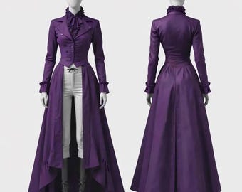 Gothic Victorian Long Tailcoat for Women – Steampunk Cosplay Tail Jacket, Purple Wedding Bridal Dress,Cotton court Costume for Festival wear