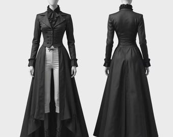 Women's Gothic Black Victorian Long Coat Dress, Steampunk Tailcoat Jacket, Vintage Gothic Premium Cotton Court Cosplay British Costume Dress