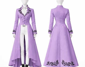 Lavender Victorian Tailcoat Women Gothic Coat | Victorian Long Jacket High Low Hem, Purple Equestrian Wedding Coat Embroidered Formal Blazer
