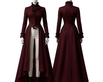 Gothic Victorian Long Coat for Women | Burgundy Steampunk Holiday Tailcoat | Festival Coat | Vintage Christmas Dress Cosplay Maroon Jacket
