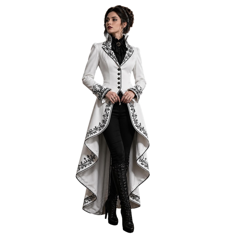 May include: A white, long-line coat with black floral embroidery and a high collar. The coat features a button-down front and a dramatic, flowing skirt. The sleeves and hem are detailed with black embroidery, creating a striking contrast.