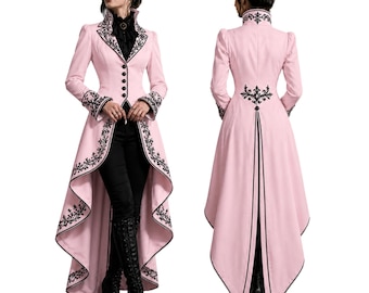 Pink Gothic Victorian Tailcoat Women Steampunk Coat Black Embroidery High Low Jacket Cosplay Wedding Equestrian Formal Outfit