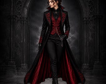 Gothic Women’s Red Wedding Tailcoat | Victorian Demon Embroidered Vampire Coat | Steampunk Costume | Halloween Dark Academia Cosplay Outfit