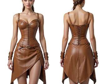Women's Brown Real Leather Corset Dress, Steampunk Bustier Dress, Warrior Victorian Gothic Outfit, Medieval Cosplay Costume Renaissance LARP