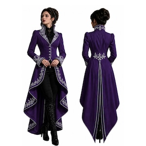 May include: A long, purple coat with intricate white embroidery along the edges and cuffs. The coat features a high collar, button-down front, and a dramatic, flowing tail. The design is reminiscent of Victorian-era fashion.