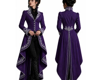 May include: A long, purple coat with intricate white embroidery along the edges and cuffs. The coat features a high collar, button-down front, and a dramatic, flowing tail. The design is reminiscent of Victorian-era fashion.
