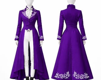 Purple Victorian Tailcoat Women Gothic Long Coat | Steampunk High Low Jacket | Embroidered Equestrian Wedding Coat Formal Cosplay Outfit