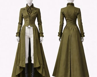 Victorian Steampunk Tailcoat Dress for Women, Olive Green Gothic Long Coat Dress, Vintage Wedding Coat, Historical Cosplay Costume Coat