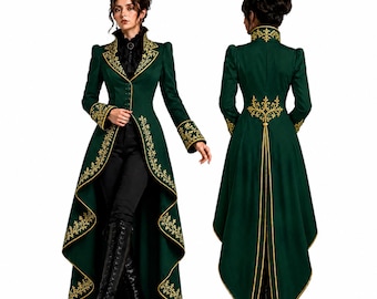 Gothic Victorian Emerald Green Tailcoat Women Steampunk Embroidered Long Jacket Witch Cosplay Dark Academia Wedding Equestrian Formal Outfit