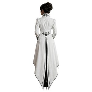 May include: A white, long-sleeved coat with black embroidered details. The coat features a high collar, decorative embroidery on the back, and a split, asymmetrical hemline. The coat is a unique piece of apparel.