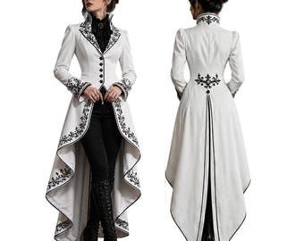 White Cotton Victorian Tailcoat Women Gothic Steampunk Coat Black Embroidery High Low Jacket Cosplay Wedding Equestrian Formal Outfit