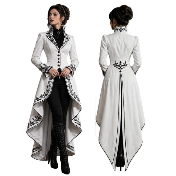 White Cotton Victorian Tailcoat Women Gothic Steampunk Coat Black Embroidery High Low Jacket Cosplay Wedding Equestrian Formal Outfit