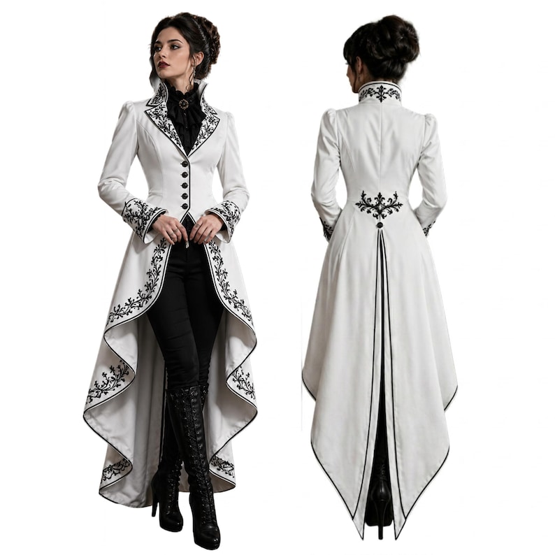 May include: A white, long-sleeved coat with black embroidery and a high collar. The coat features a button-down front and a dramatic, flowing tail. The model is wearing black pants and boots. The coat's design is reminiscent of Victorian-era fashion.