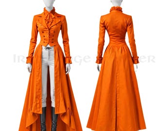 Orange Victorian Gothic Long Coat Dress for Women, Steampunk Tailcoat Jacket, Vampire Gothic Wedding Costume, Victorian Cosplay Outfit