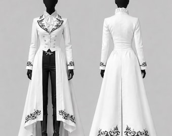 White Victorian Tailcoat Women Gothic Steampunk Jacket Black Embroidered Coat Wedding Coat Costume Equestrian Riding Jacket Formal Outfit