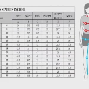 May include: A size chart for women's clothing, displaying measurements in inches for bust, waist, hips, inseam, sleeve length, and neck. Includes a size guide from size 6 to 30, with a diagram of a woman illustrating measurement points.