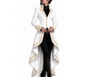 White Gothic Victorian Tailcoat Women Steampunk Coat Gold Embroidery High Low Jacket Medieval Wedding Vampire Queen Cosplay Coat Long Jacket