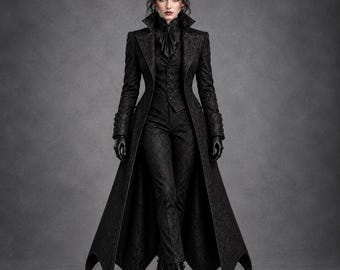 Women's Gothic Victorian Black Textured Tailcoat Steampunk Vampire Long Coat Costume Dark Academia Halloween Cosplay Jacquard Jacket