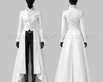 White Victorian Gothic Long Coat Dress for Women, Steampunk Tailcoat Jacket, Gothic Wedding Costume, Victorian Cosplay Outfit