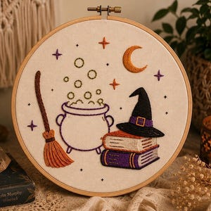 Witch Embroidery Pattern PDF Halloween Embroidery Design Digital Download Cauldron Broom Witch Hat Books Spooky Needlework Craft Pattern Art