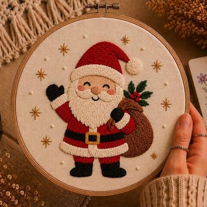 Peut inclure: Un tambour à broder circulaire en bois contenant un panneau en tissu avec un motif brodé à la main représentant le Père Noël. Le personnage porte un costume rouge avec des bordures blanches, une ceinture noire à boucle dorée et des bottes noires.