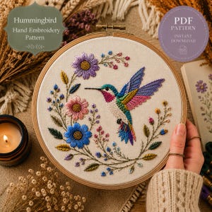 May include: A hand-stitched hummingbird design in a wooden embroidery hoop. The hummingbird features vibrant wings and a long beak, encircled by embroidered flowers in blue, pink, and purple. The text "Hummingbird Hand Embroidery Pattern" is displayed.
