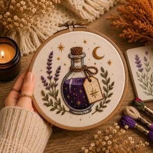 Potion Bottle Embroidery Pattern PDF Magical Fantasy Embroidery Design Beginner Hand Embroidery Pattern Cottagecore Hoop Instant Download