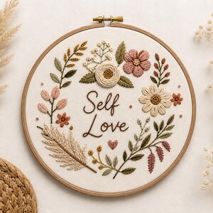 自己愛をテーマにした花柄刺繍パターン、ボヘミアン風アファメーションデザイン、メンタルヘルスデザイン（PDFダウンロード）