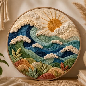 May include: A round, framed fiber art piece depicting a seascape. The artwork features a vibrant sun, rolling waves in shades of blue and green, and textured clouds. The piece is set in a wooden hoop, showcasing a detailed, handcrafted design.
