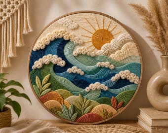 Könnte beinhalten: Ein gerahmtes, rundes Textilkunstwerk, das eine Meereslandschaft darstellt. Das Kunstwerk zeigt eine strahlende Sonne, sich wälzende Wellen in Blau- und Grüntönen und strukturierte Wolken. Das Stück ist in einem Holzreifen gefasst und zeigt ein detailliertes, handgefertigtes Design.